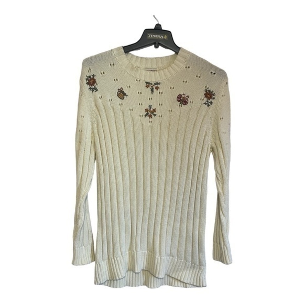 April Cornell Womens Sweater Ribbed Embroidered Off White Cotton Size XXL